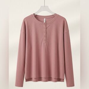NWT Halara Waffle Knit Henley Top L Oversized Dusty Rose Athleisure Lounge